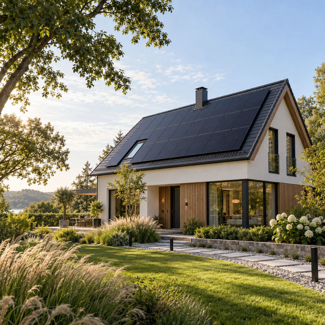 Moderní dům se zahradou a fotovoltaickými panely na střeše